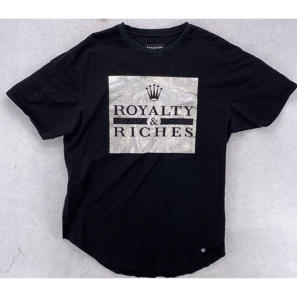 Makobi Men's XL Black Royalty & Riches Graphic T-Shirt Moto  Side Zip Hip Hop